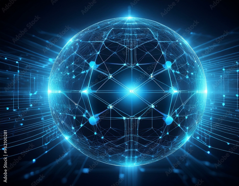 Wall mural a glowing blue sphere with intricate network lines, representing digital connection and global commu