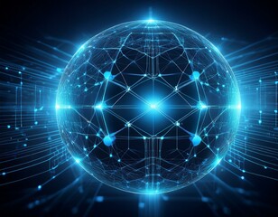 Obraz premium A glowing blue sphere with intricate network lines, representing digital connection and global communication.