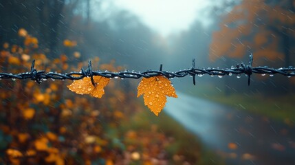 Autumn Leaves Caught on Barbed Wire Fence in the Rain