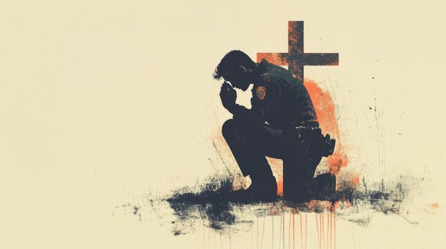Grunge image of a young policeman praying in front of the cross. Digital painting.