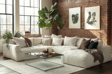 Modern Elegance in Neutral Tones: Stylish Loft Living Room with Modular Sofa and Contemporary Decor