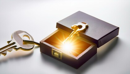 A luminous key turning in the lock of an idea box, unlocking a stream of strategies and concepts for market leadership, against a white backdrop