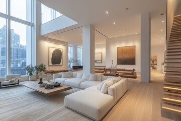 Modern Loft Living Room with Light Wood Flooring, White Sectional, and Modern Art Pieces