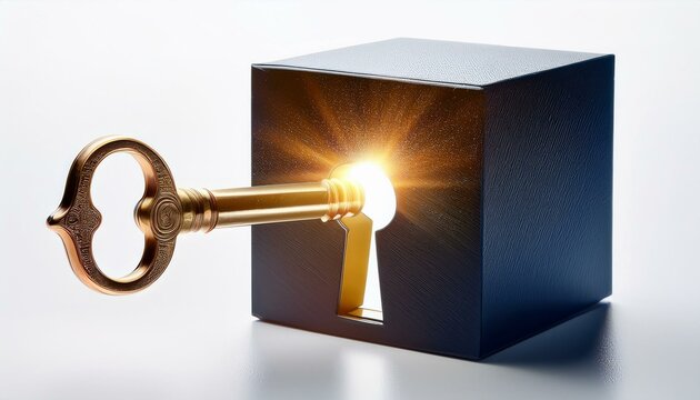 A luminous key turning in the lock of an idea box, unlocking a stream of strategies and concepts for market leadership, against a white backdrop