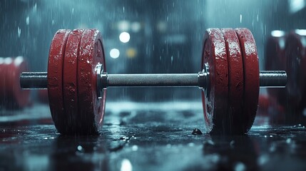  Ultra-realistic powerlifting barbell in a rain-soaked gym