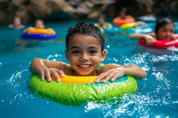 Children in the pool, diving rings, underwater treasure hunt dive to the bottom to collect colorful rings, racing to see who finds the most