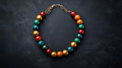 Flat lay of a dramatic statement necklace with large, colorful beads and gold accents, Jewelry, Bohemian style