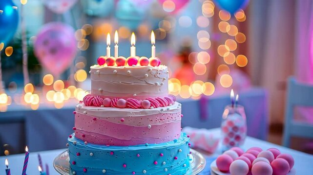 A simple and minimal birthday celebration with a beautifully lit cake and soft blue decorations