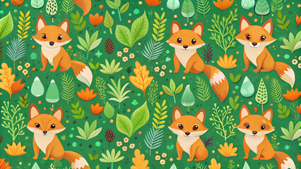 Naklejka premium Cute illustrated foxes among leaves and greenery on a vibrant green background 