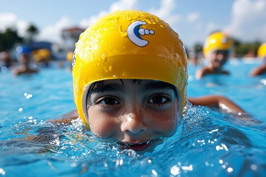Children in the pool, swimming races, fast strokes compete to see who can reach the other side first, full of energy