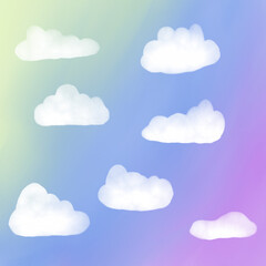 Multiple cloud on colorful rainbow sky background, watercolor digital painting
