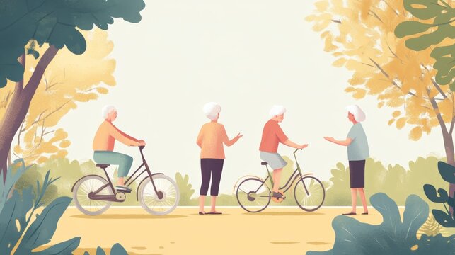 elderly people engaging in active lifestyles, cycling, representing healthy aging and active longevity