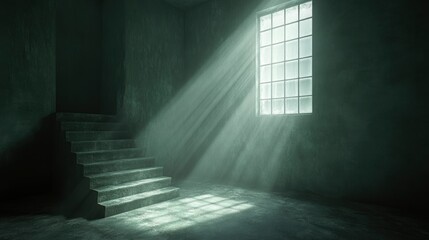 Mysterious Light Beams Through Window in Dark Room with Concrete Stairs