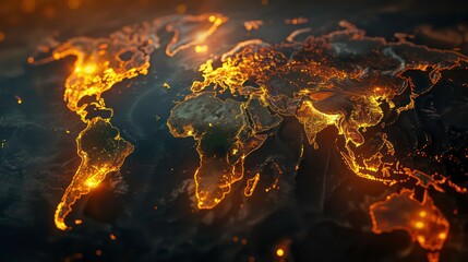 A fiery world map with continents outlined in glowing orange lines and dots, symbolizing global connection and energy.