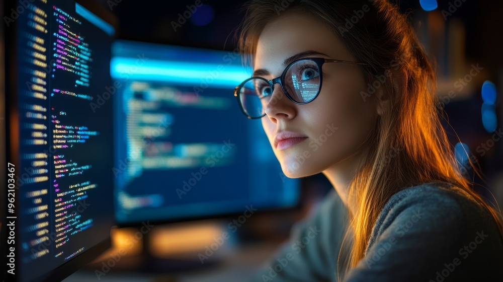 Aufkleber Female programmer working on coding software at night in front of screens. Represents programming and software development.