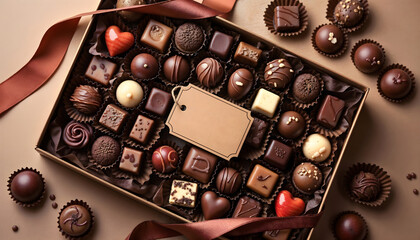 Box of assorted chocolates with a gift tag on top.