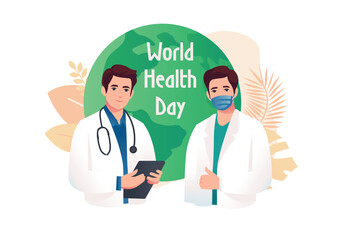 Fototapeta premium Two doctors concept with people scene in the flat cartoon style. This illustration shows World Health Day with health workers, one with a stethoscope and the other with a mask. Vector illustration.