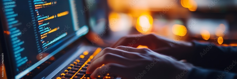 Fototapete Side view of hands typing on a laptop with code on screen. Represents coding, programming, and IT development in a modern workspace.
