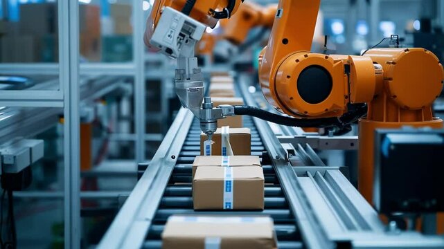 Two robotic arms working on a production line, precisely applying labels to cardboard boxes. The advanced automation streamlines the packaging process in a modern factory setting
