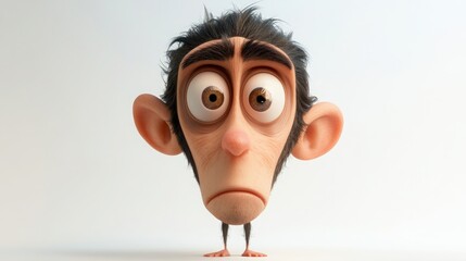 Obraz premium A 3D cartoon character with a triangular face, wide at the forehead and tapering to a narrow chin, with a curious, inquisitive expression, on a white background 
