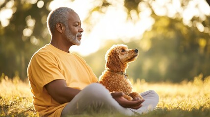 Serene Pet Therapy: Elderly Black Man and Service Dog Bonding in Sunlit Park, Embracing Wellness Through Mindfulness Practice