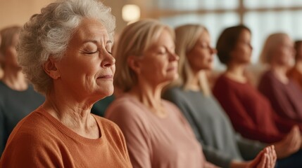 Serene Harmony: Diverse Senior Group Embracing Mindfulness Meditation Together in Whimsical Peaceful Hall for Collective Calm and Wellness