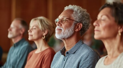 Fototapeta premium Harmony in Diversity: Seniors Finding Collective Calm in Mindfulness Meditation Session at Peaceful Hall (Whimsical Multilayer Concept)