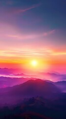 Obraz premium A vibrant sunset over mountain ranges, casting colorful hues in the sky and landscape.