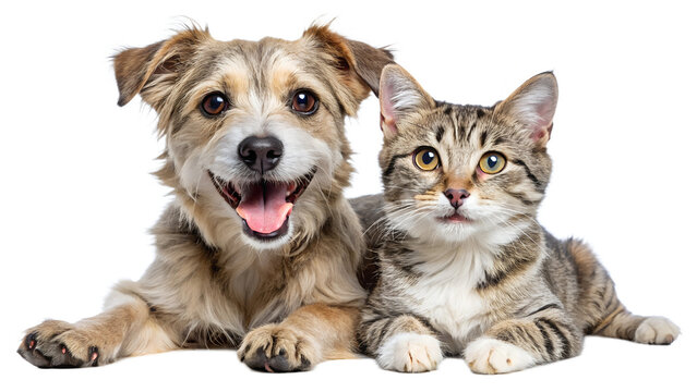Joyful dog and cat relaxing together at home, cut out transparent
