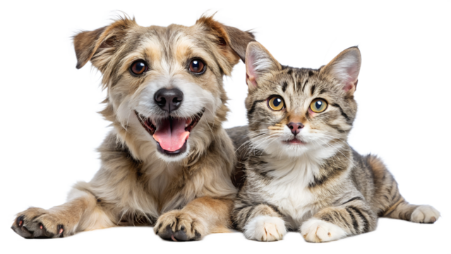 Joyful dog and cat relaxing together at home, cut out transparent