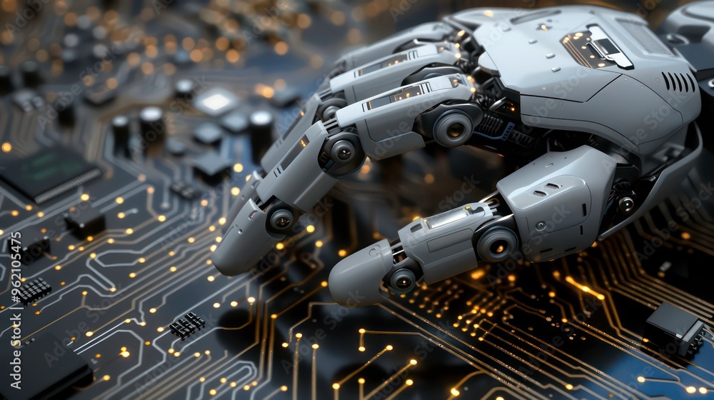 Aufkleber robotic hand reaching for a circuit board with glowing lines, symbolizing artificial intelligence an