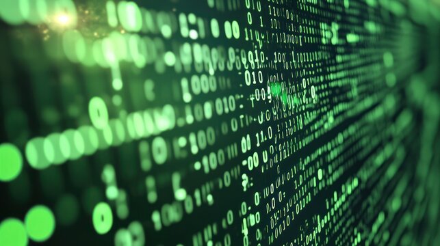 green computer screen displays intricate binary code, symbolizing the digital age, data encryption, and the rapid advancement of technology in modern society