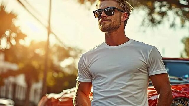 young man wearing sunglasses and a white t-shirt confidently poses in front of classic vintage cars on a sunny day. 