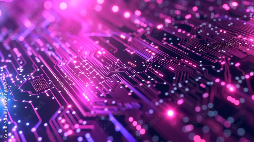Poster a close-up view of an abstract digital circuit board glowing with vibrant pink and purple tones. the