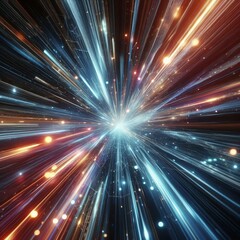 Naklejka premium Futuristic light warp. Long exposure glow. Radial motion blur. Sci-fi speed lights. Glowing neon trails. Fast energy burst. Abstract fractal art. Modern technology background. 