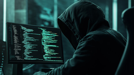Hacker is programming malware code on a computer in a dark room