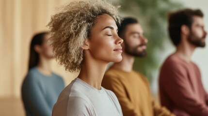 Fototapeta premium Inclusive Mindfulness: Diverse Group Practicing Breathwork Together in a Peaceful Room