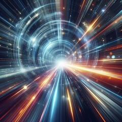 Obraz premium Futuristic light warp. Long exposure glow. Radial motion blur. Sci-fi speed lights. Glowing neon trails. Fast energy burst. Abstract fractal art. Modern technology background. 