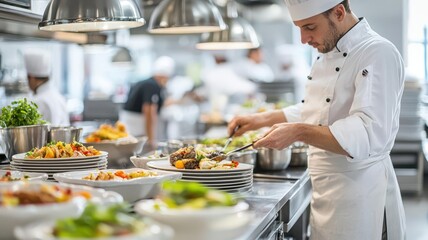 A professional chef skillfully prepares vibrant dishes in a busy restaurant kitchen, showcasing culinary artistry and teamwork.