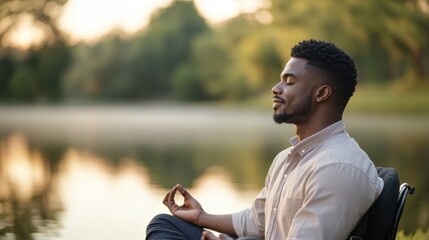 Serene Reflections: Black Man with Disability Meditating by Lake, Embracing Body-Mind-Nature Harmony (Double Exposure) \