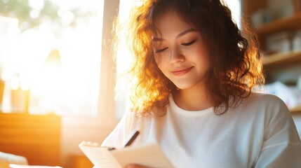 Serene Reflections: Plus-size Asian Woman Engaging in Reflective Writing for Emotional Connection and Self-Care in Ethereal Sunlit Room