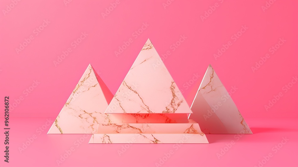 Poster a sleek display of three marble pyramids with gold veins set against a monochromatic pink background