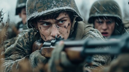 Fototapeta premium Close up Young group of male and female army soldiers fighting at war