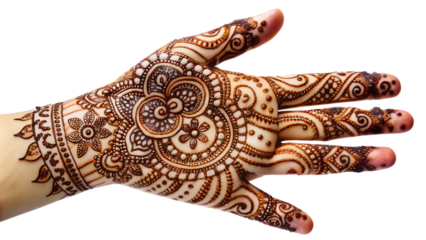 Intricate henna designs on a hand in daylight, cut out transparent