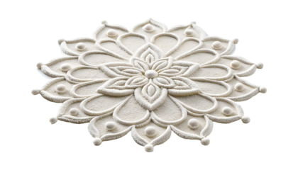Intricate white sand mandala design on a surface, cut out transparent