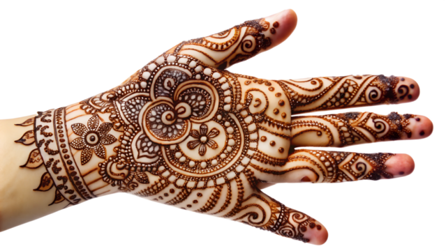Intricate henna designs on a hand in daylight, cut out transparent
