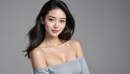 Fototapeta premium グレーのオフショルダーを着たセクシーな日本人スーパーモデル – 美しい肌と長い黒髪、魅力的ないたずらな表情【スキンケア広告撮影】