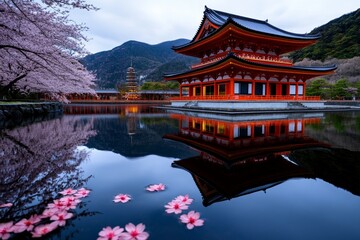 Naklejka premium Honeymoon in Japan, cherry blossoms, peaceful temples offers serenity and beauty in a country rich with culture and natural wonders