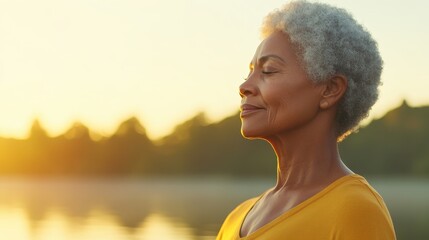 Serene Silhouette: A Black Elderly Woman Finding Peace Through Lakeside Yoga - Mindfulness, Nature Connection, Aging Gracefully