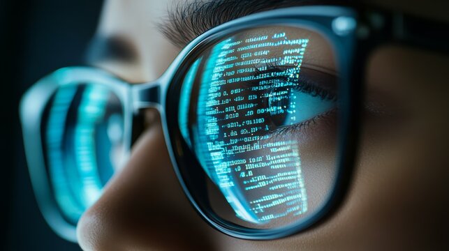 Reflection of programming code in eyeglasses of a software engineer working on code. Concept of cybersecurity and modern technology.